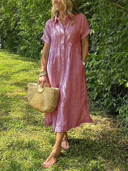 Women's Midi Dress with Button-Up Front and Vertical Stripes