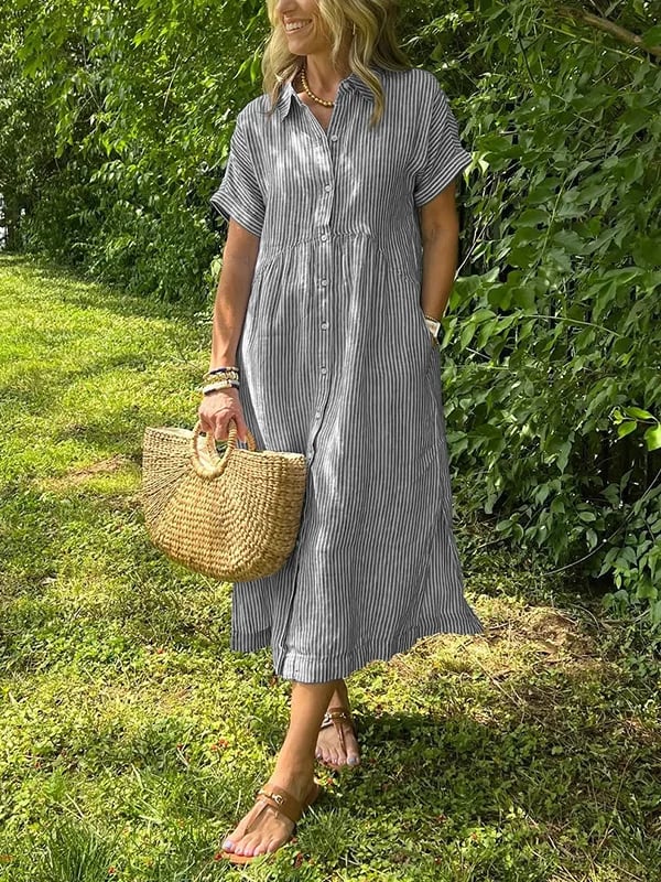 Women's Midi Dress with Button-Up Front and Vertical Stripes