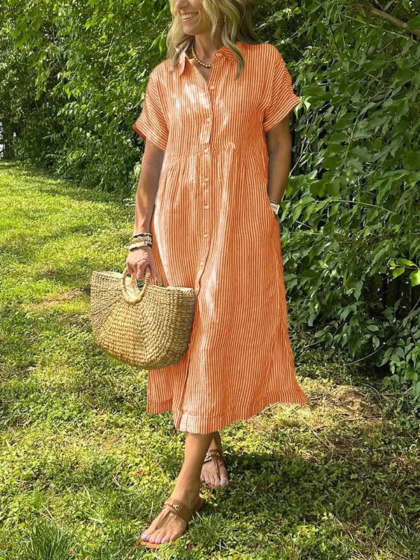 Women's Midi Dress with Button-Up Front and Vertical Stripes