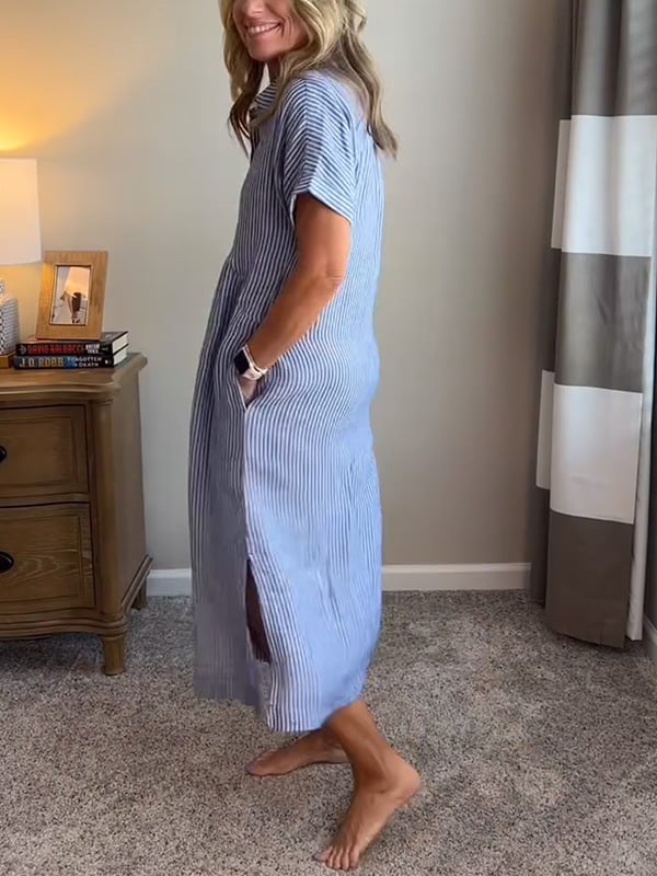 Women's Midi Dress with Button-Up Front and Vertical Stripes