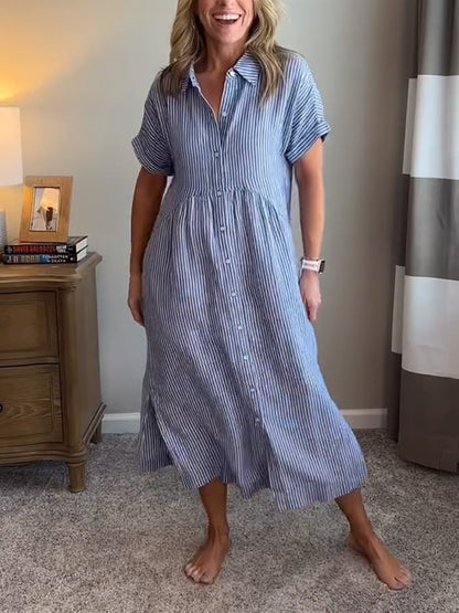 Women's Midi Dress with Button-Up Front and Vertical Stripes
