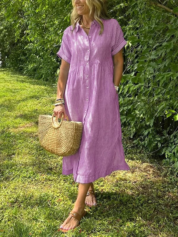 Women's Midi Dress with Button-Up Front and Vertical Stripes