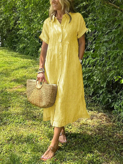 Women's Midi Dress with Button-Up Front and Vertical Stripes