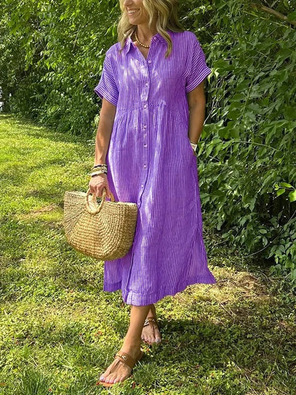Women's Midi Dress with Button-Up Front and Vertical Stripes